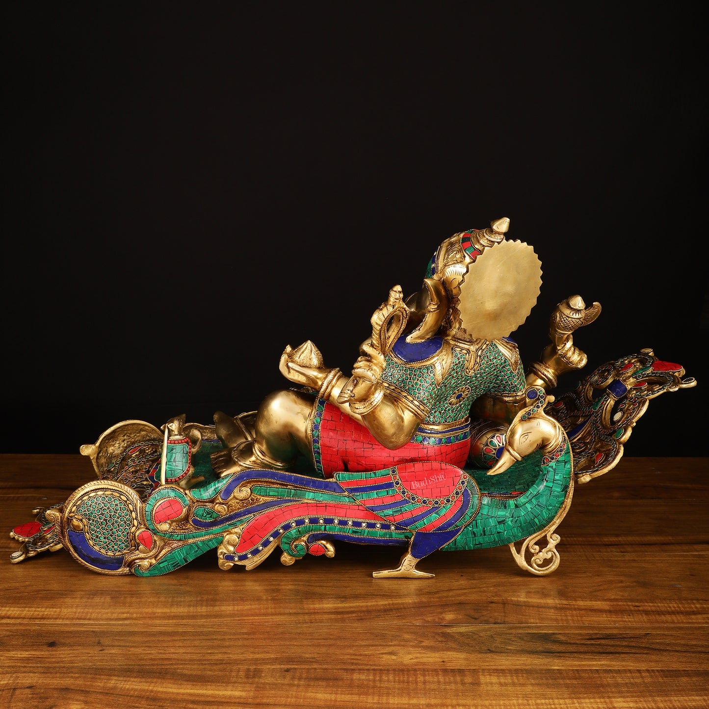 Large Brass Ganesha Resting on Peacock Bed with Stonework, 33" wide