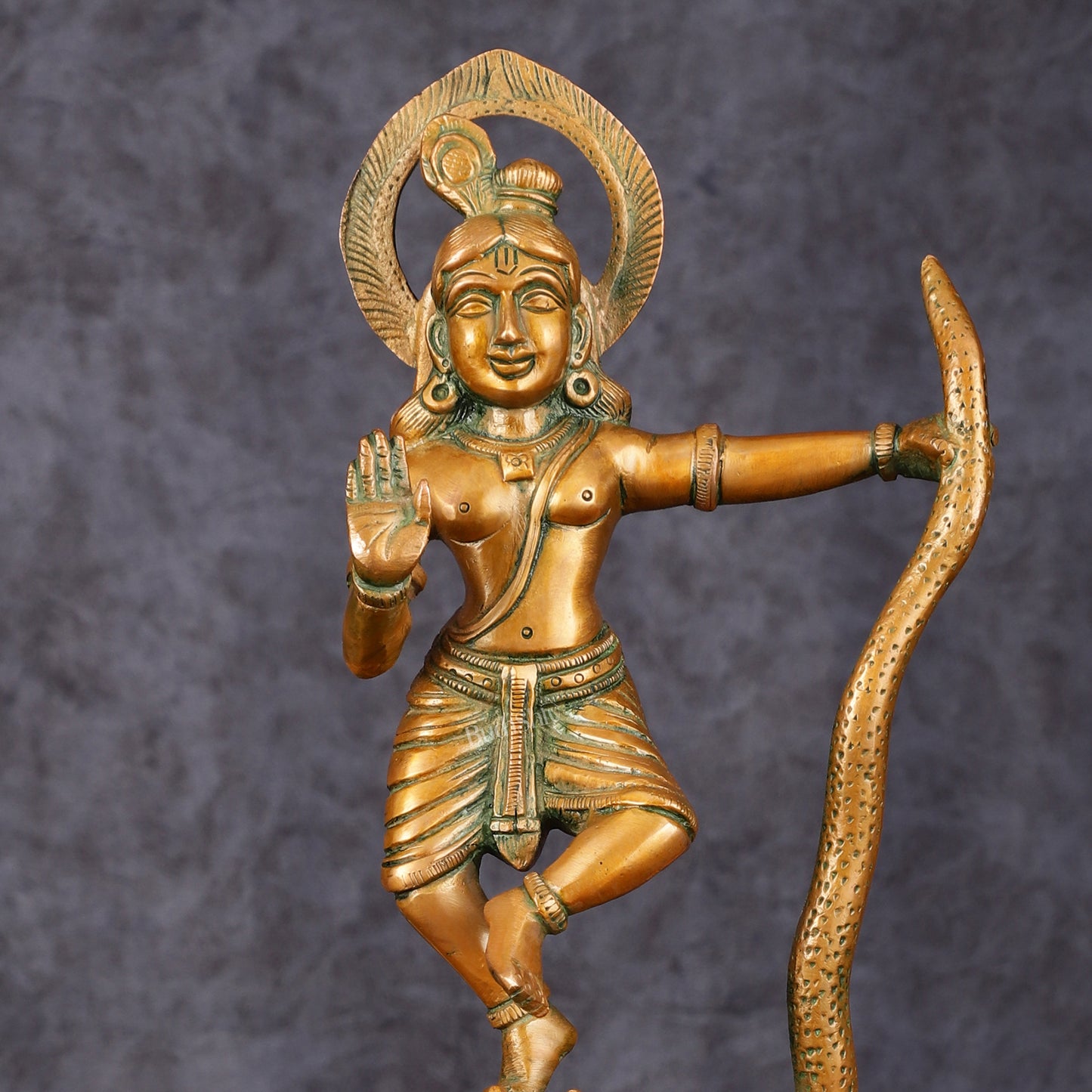 Brass Krishna Dancing on Kaliya Naag Idol - 13.20" Antique Bronze Finish