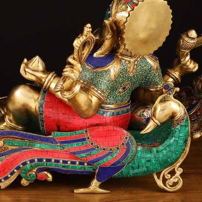 Large Brass Ganesha Resting on Peacock Bed with Stonework, 33" wide