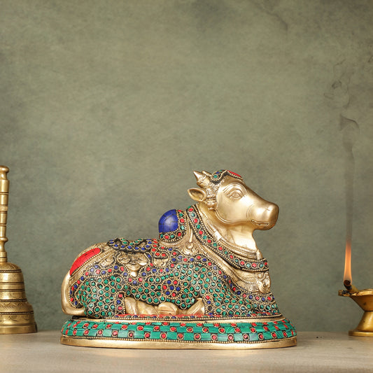 Pure Brass Nandi Bull Idol with Meenakari Work 8"
