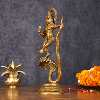 Brass Krishna Dancing on Kaliya Naag Idol - 13.20" Antique Bronze Finish