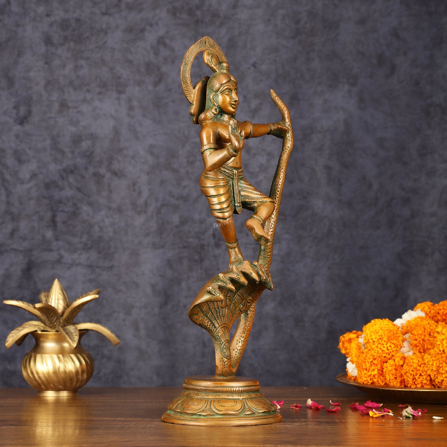 Brass Krishna Dancing on Kaliya Naag Idol - 13.20" Antique Bronze Finish