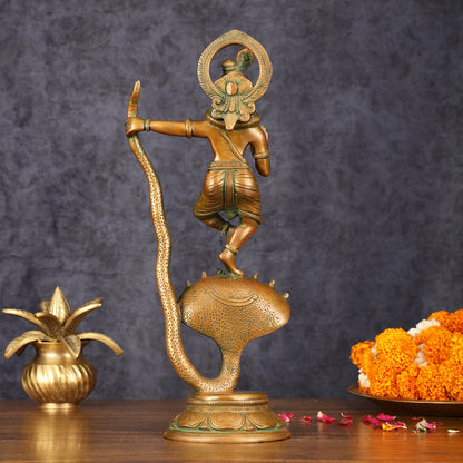 Brass Krishna Dancing on Kaliya Naag Idol - 13.20" Antique Bronze Finish