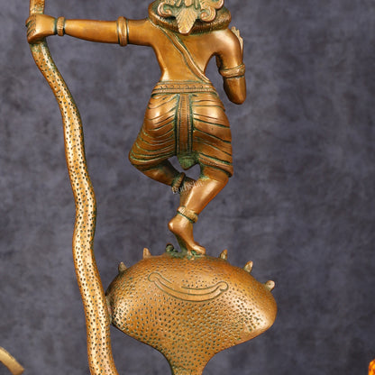 Brass Krishna Dancing on Kaliya Naag Idol - 13.20" Antique Bronze Finish