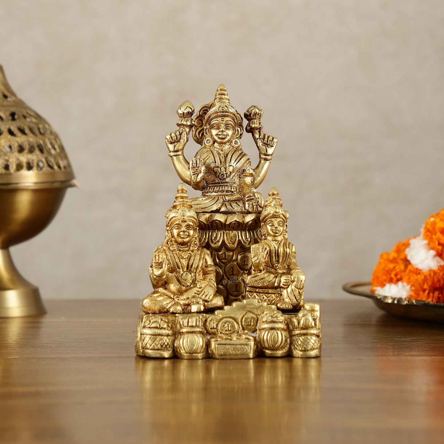 Brass Handcrafted Lord Kuber with Goddess Lakshmi and Chitralekha | Wealth and Prosperity Idol | 6" Height