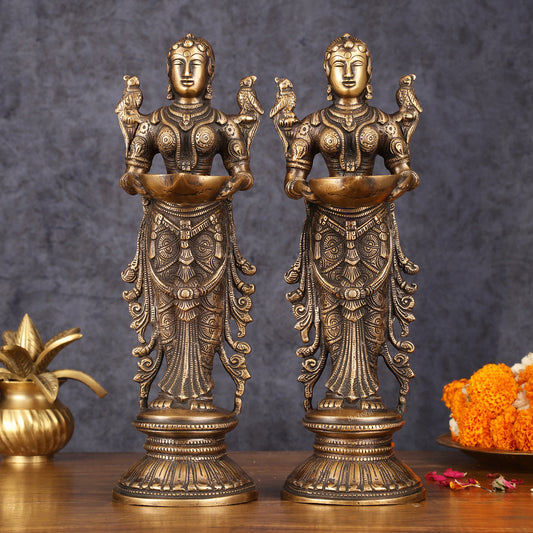 Pure Brass Handcrafted Deep Lakshmi Antique Pavaai Vilakku Pair - 12" Tall