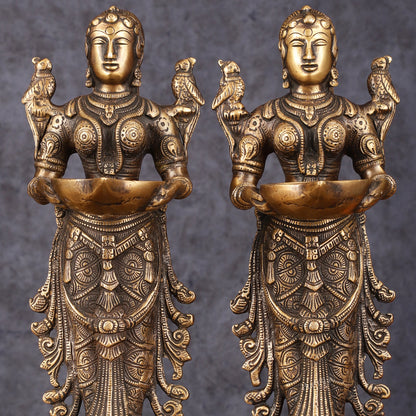 Pure Brass Handcrafted Deep Lakshmi Antique Pavaai Vilakku Pair - 12" Tall