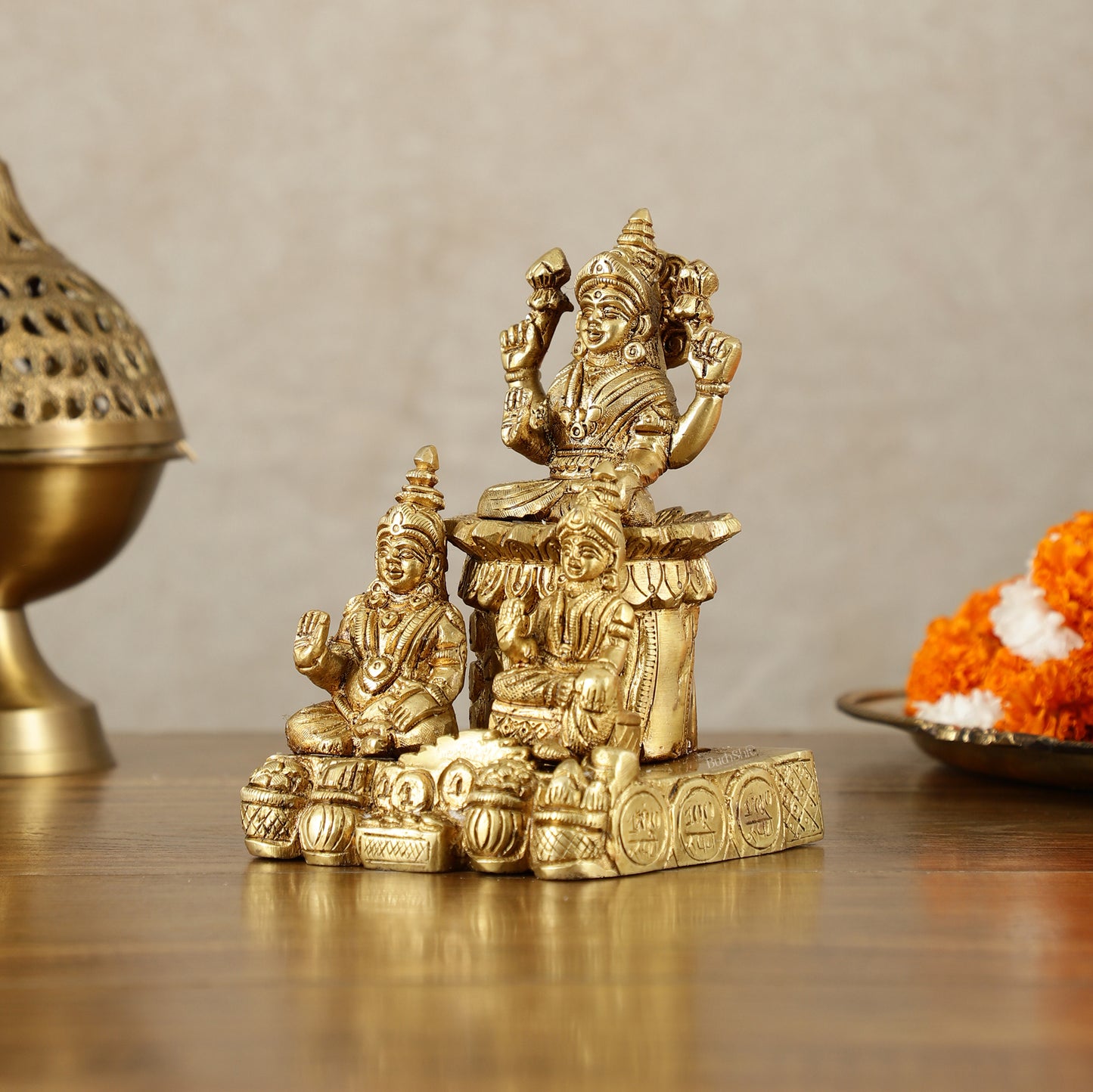 Brass Handcrafted Lord Kuber with Goddess Lakshmi and Chitralekha | Wealth and Prosperity Idol | 6" Height