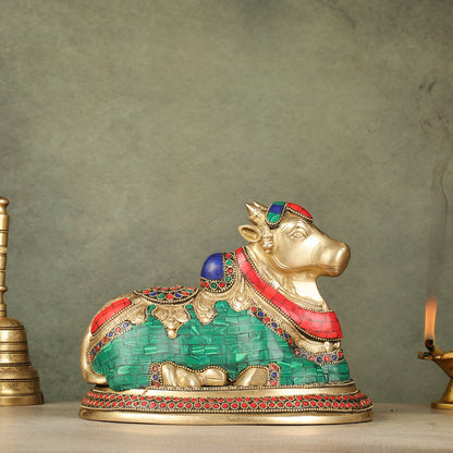 Pure Brass Nandi Bull Idol with Meenakari Work 8"