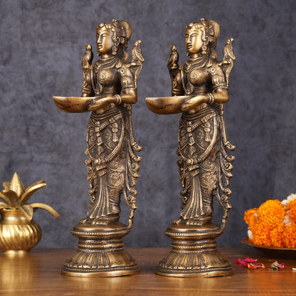 Pure Brass Handcrafted Deep Lakshmi Antique Pavaai Vilakku Pair - 12" Tall