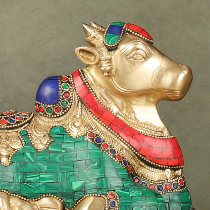 Pure Brass Nandi Bull Idol with Meenakari Work 8"