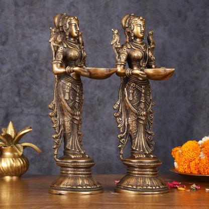 Pure Brass Handcrafted Deep Lakshmi Antique Pavaai Vilakku Pair - 12" Tall