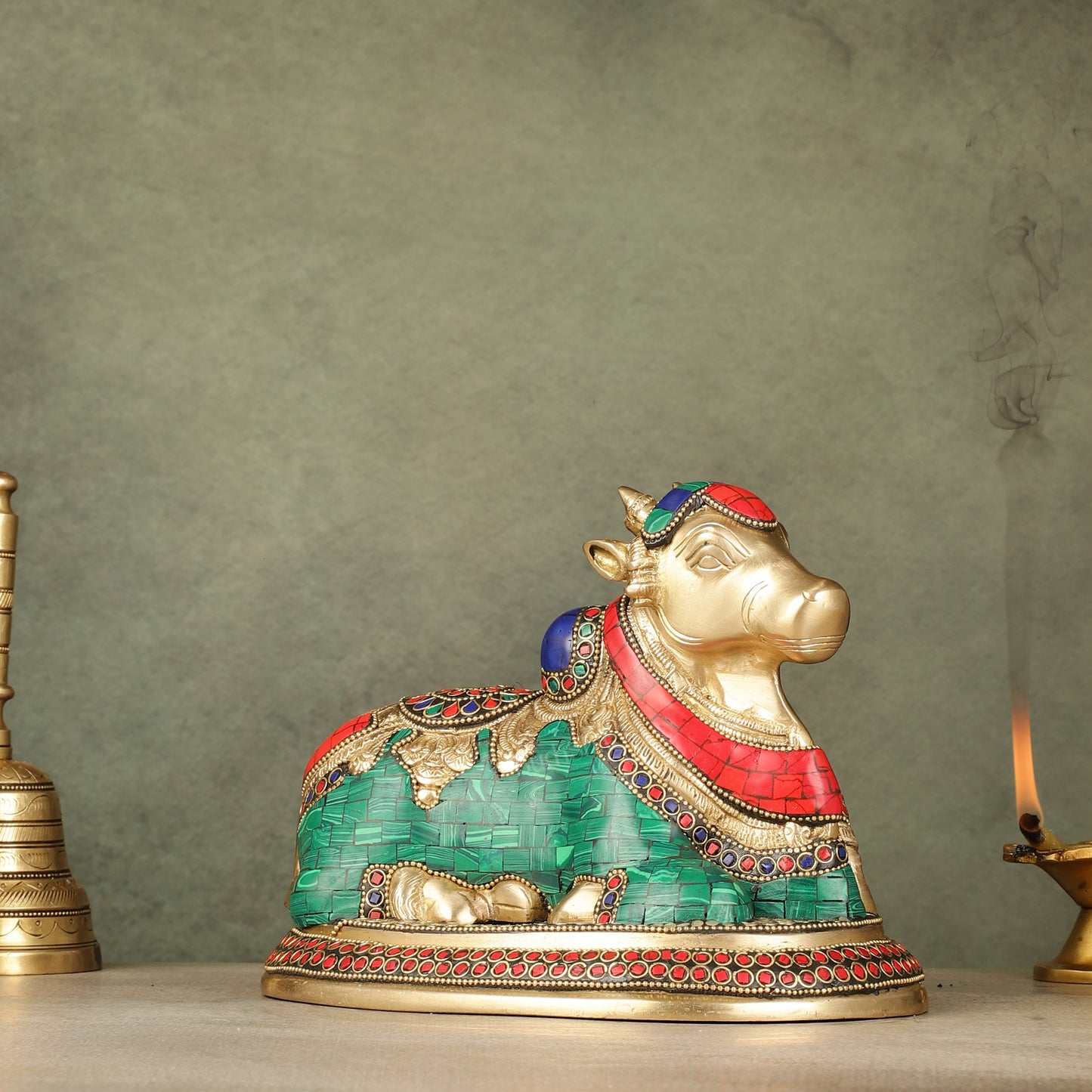 Pure Brass Nandi Bull Idol with Meenakari Work 8"