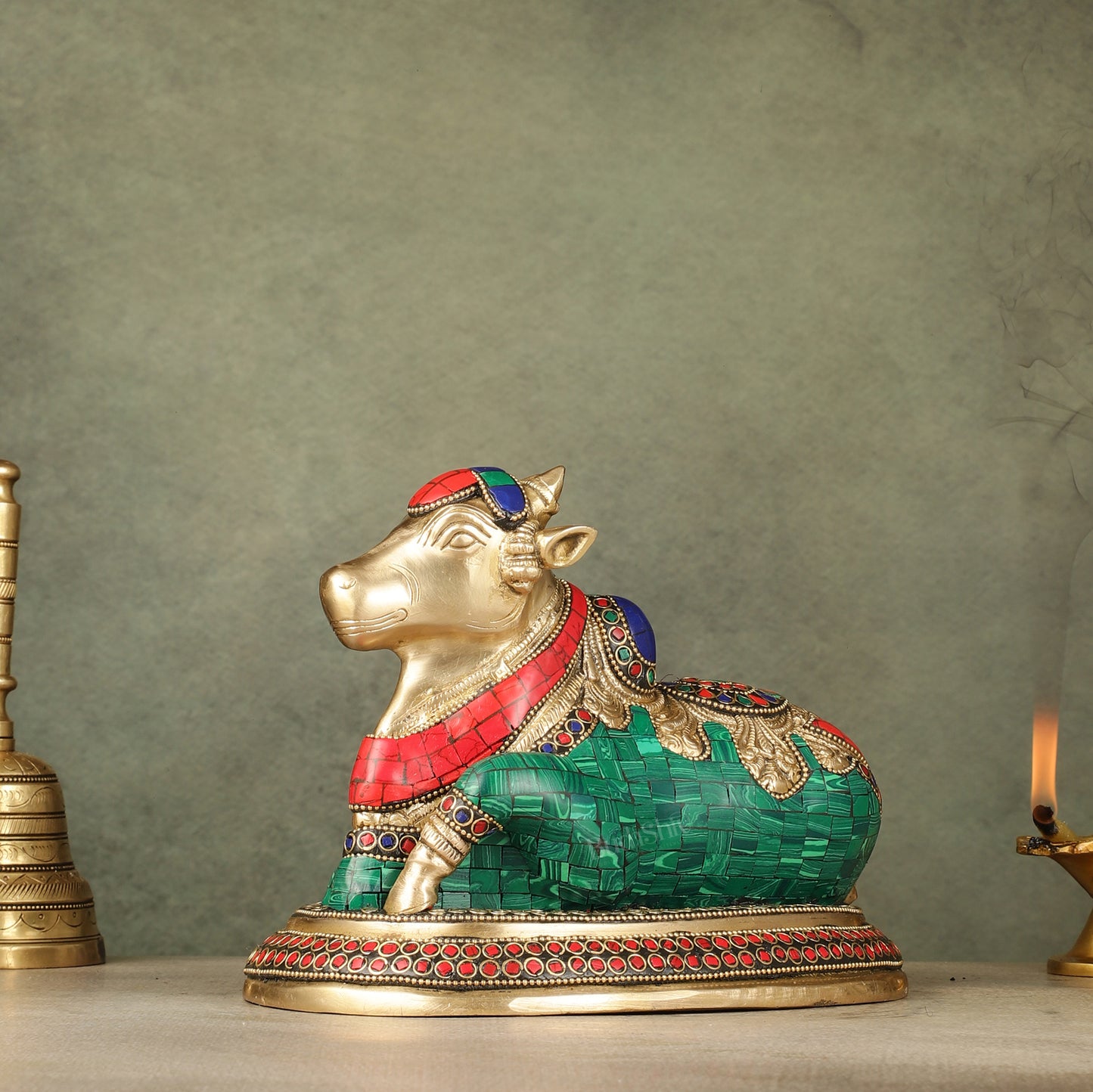 Pure Brass Nandi Bull Idol with Meenakari Work 8"