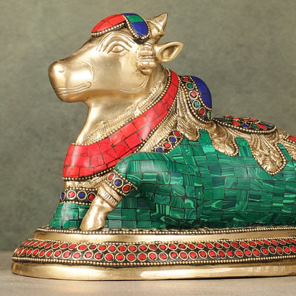 Pure Brass Nandi Bull Idol with Meenakari Work 8"