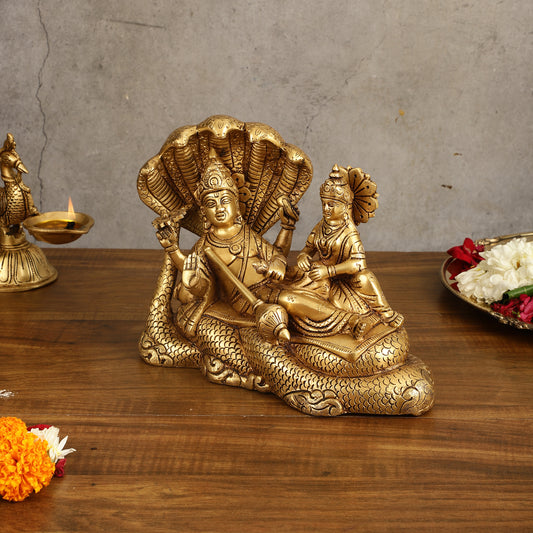 Pure Brass Vishnu Lakshmi Narayan Resting on Sheshanaaga Idol - 7 Inch