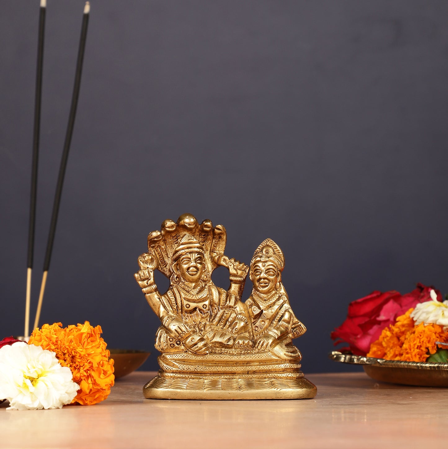 Brass Small Lakshmi Narayan Resting on Sheshanaaga Idol | 3"