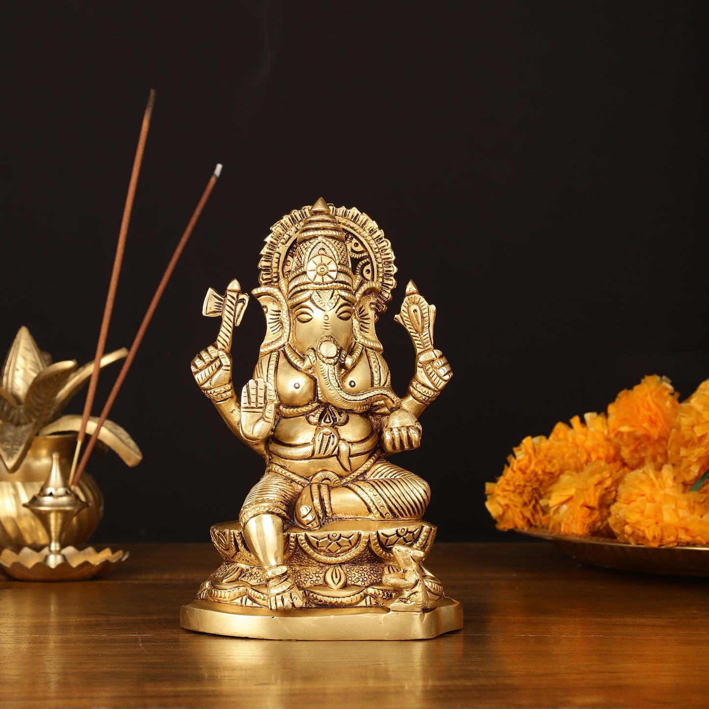 Brass Superfine Ganesha Idol - 7" Elegant Sculpture