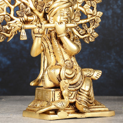 Pure Brass Handcrafted Lord Krishna Sitting with Kalpavriksha Tree Idol | 8"