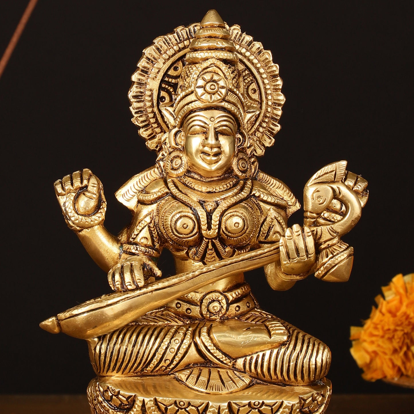 Brass Superfine Saraswati Idol - 7" Elegant Sculpture