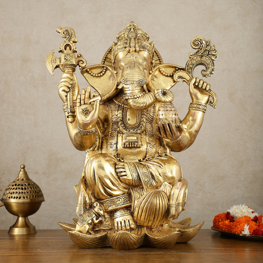 Unique Pure Brass Lord Ganesha Statue - Seated on Lotus, 22" Height