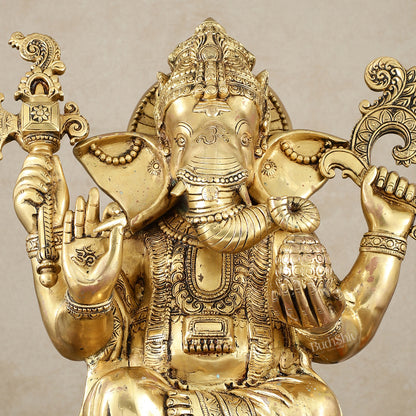 Unique Pure Brass Lord Ganesha Statue - Seated on Lotus, 22" Height