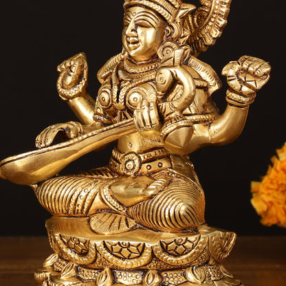 Brass Superfine Saraswati Idol - 7" Elegant Sculpture