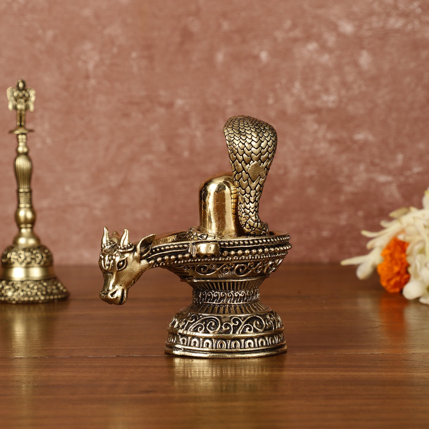 Pure Brass Superfine Intricate Shivling with Nandi Face - 4" Tall