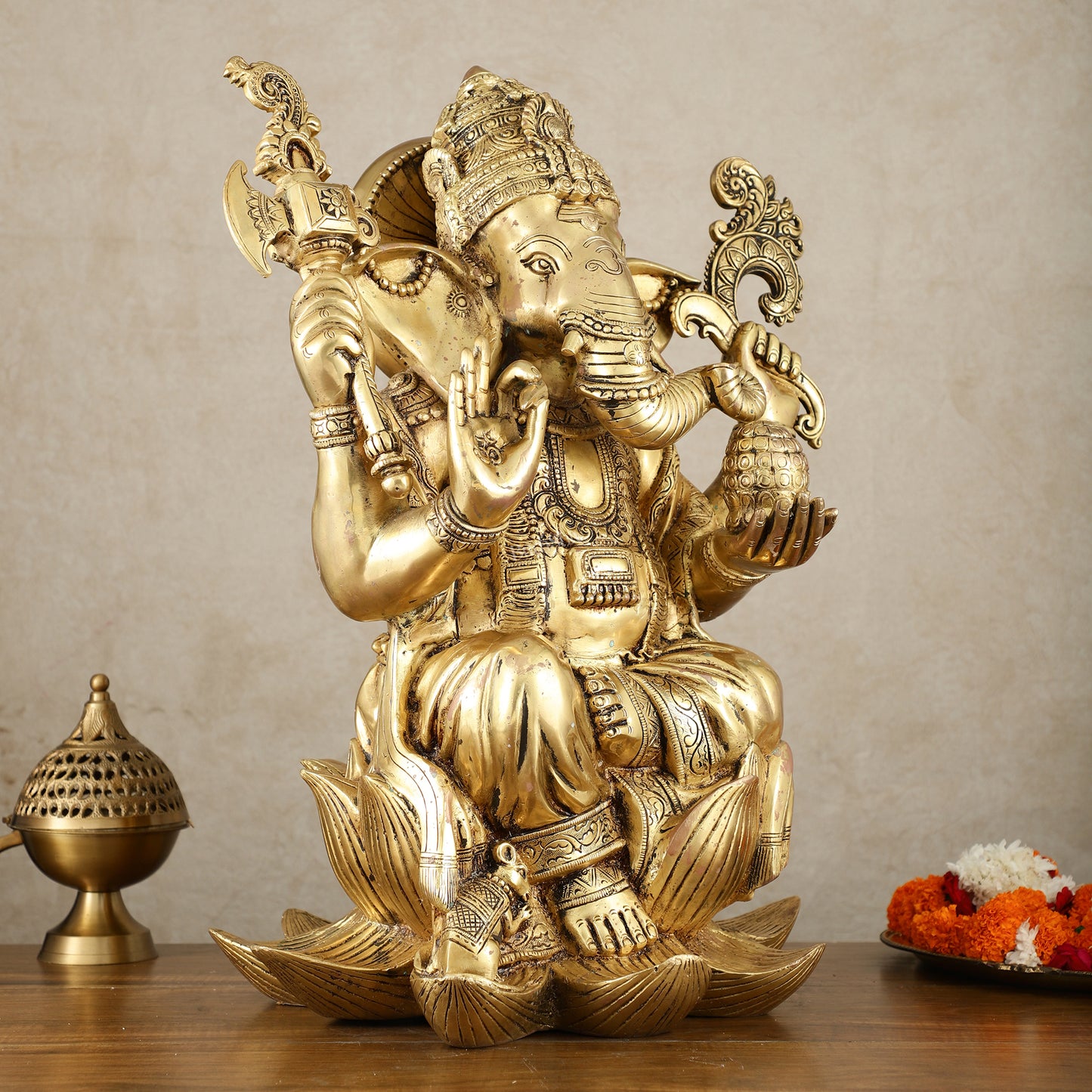 Unique Pure Brass Lord Ganesha Statue - Seated on Lotus, 22" Height