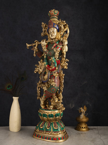 Brass Lord Krishna statue 30 inch multicolour