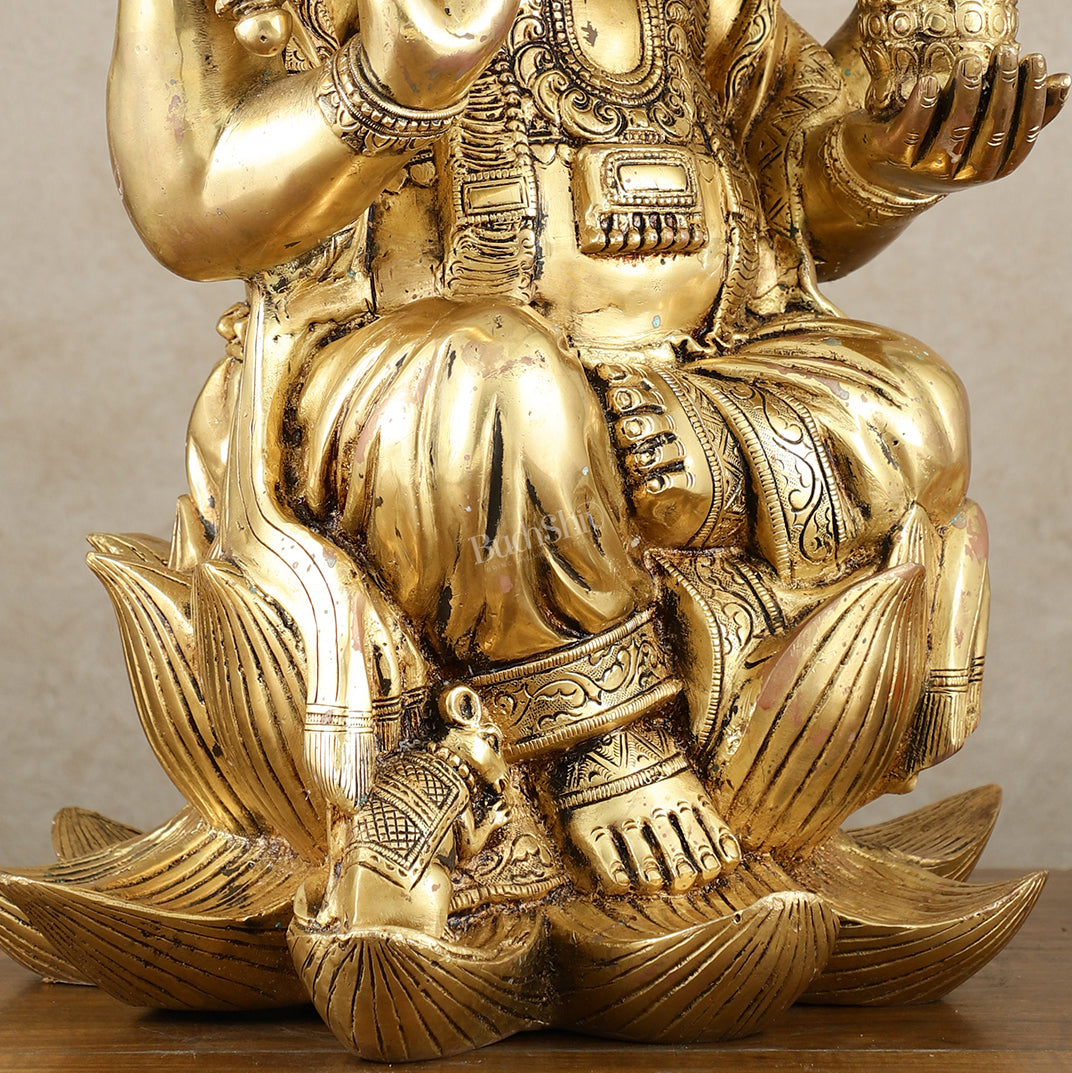 Unique Pure Brass Lord Ganesha Statue - Seated on Lotus, 22" Height