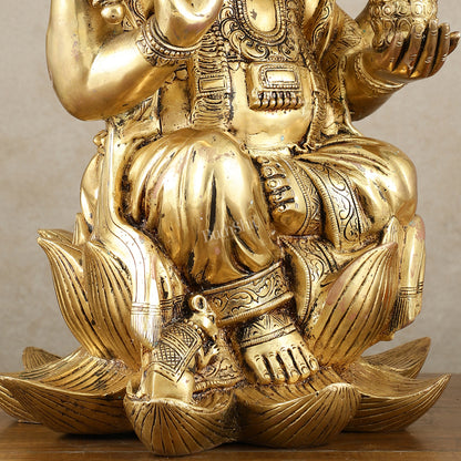 Unique Pure Brass Lord Ganesha Statue - Seated on Lotus, 22" Height