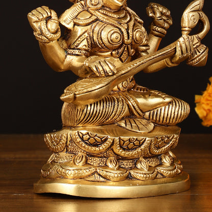 Brass Superfine Saraswati Idol - 7" Elegant Sculpture