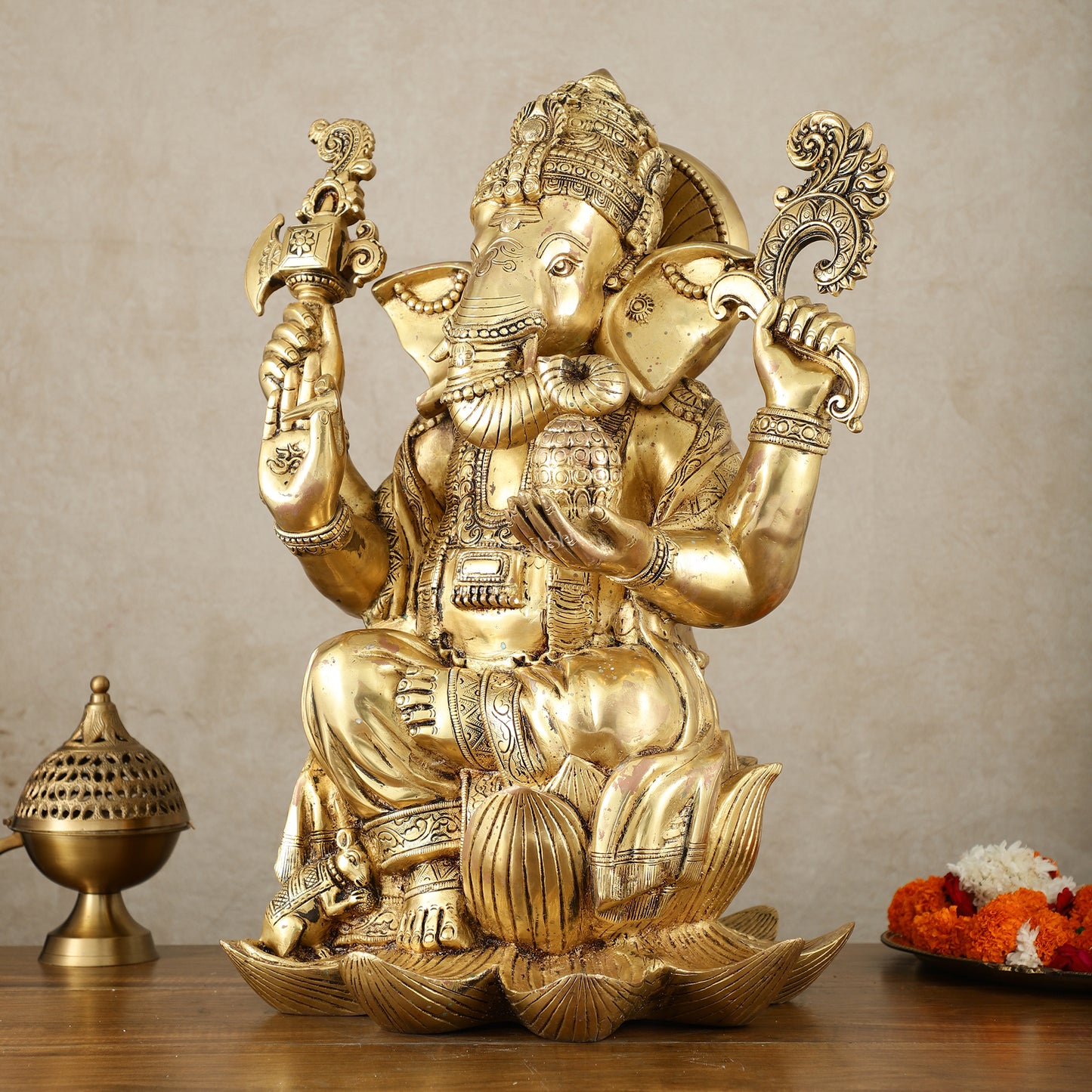 Unique Pure Brass Lord Ganesha Statue - Seated on Lotus, 22" Height