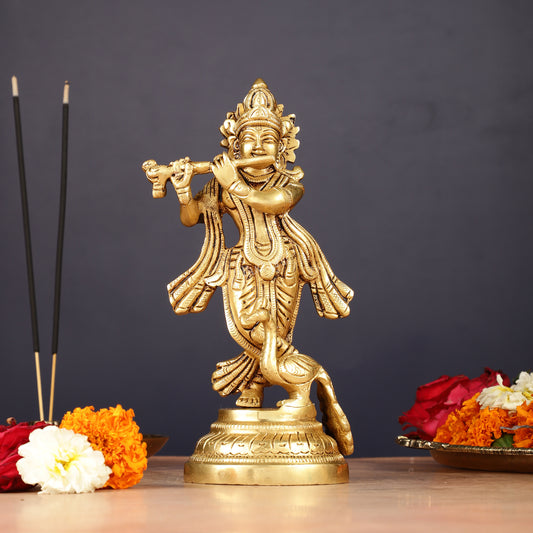 Pure Brass Lord Krishna with Peacock Idol 7"