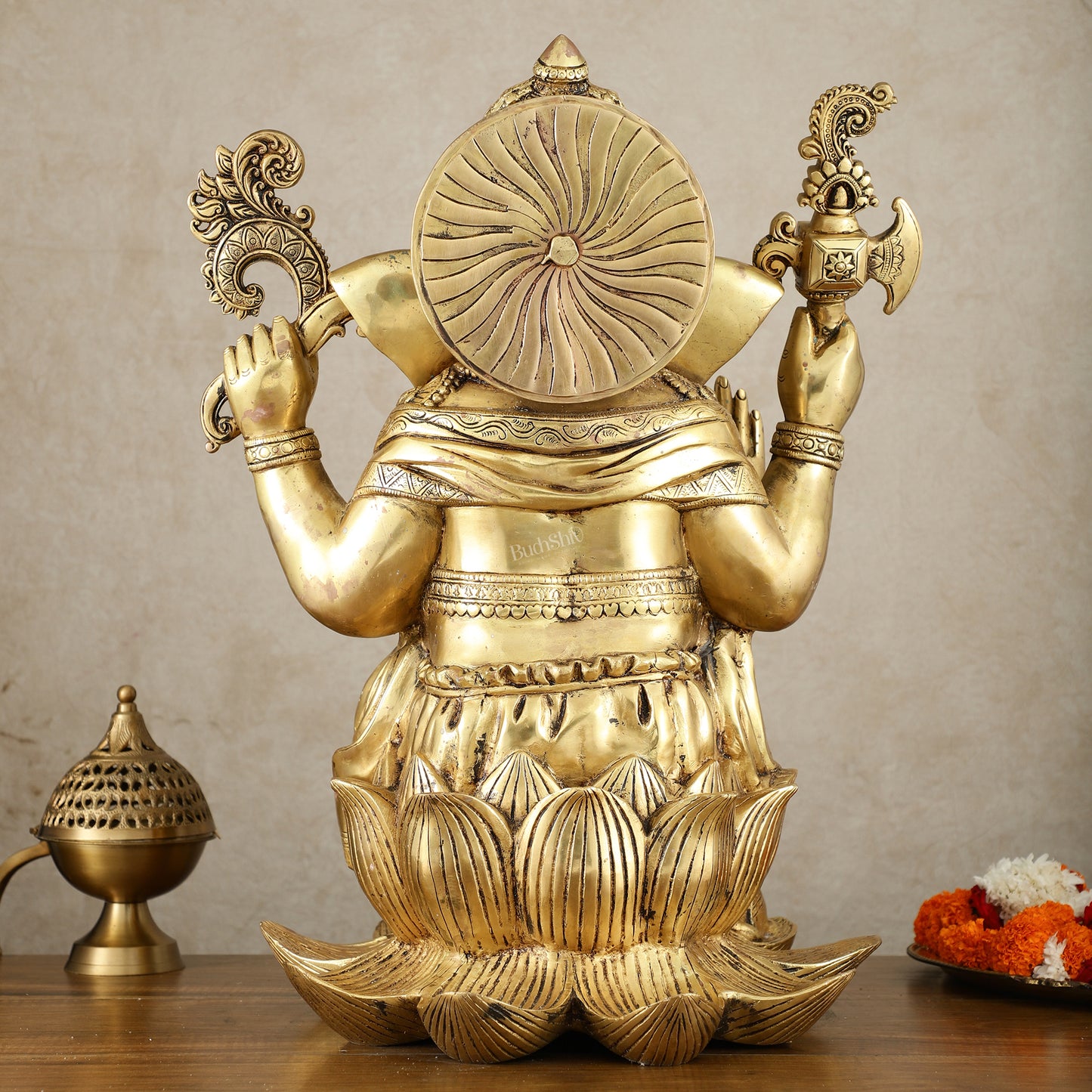 Unique Pure Brass Lord Ganesha Statue - Seated on Lotus, 22" Height