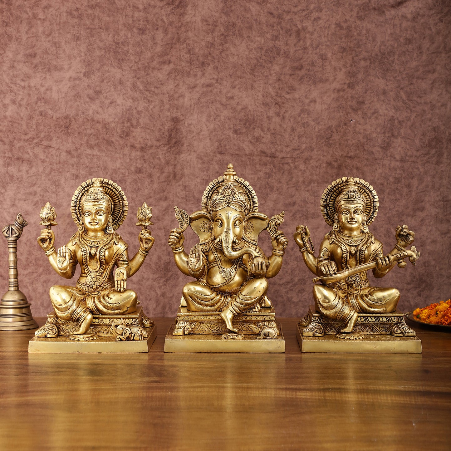 Pure Brass Ganesh Lakshmi Saraswati Statue Set | Divine Trio 12 Inches