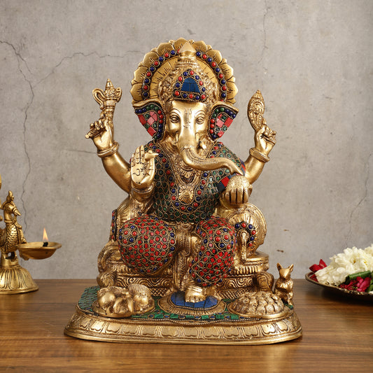 Ganesha Superfine Brass Idol with Spectacular Stonework - 13 Inch