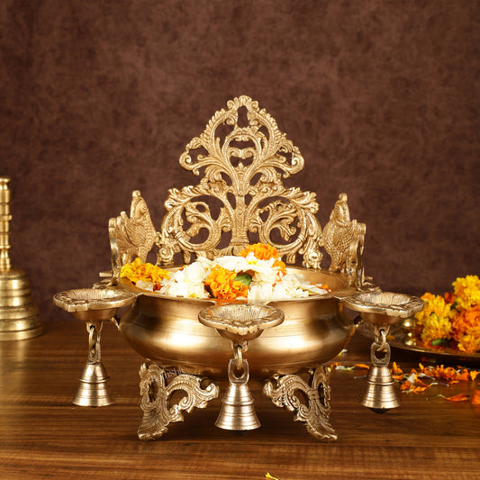 Pure Brass Intricate Urli with Diyas | Height: 11 inch