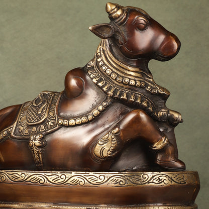 Pure Brass Nandi/Nandikeshwar Idol on Engraved Base - 10-Inch