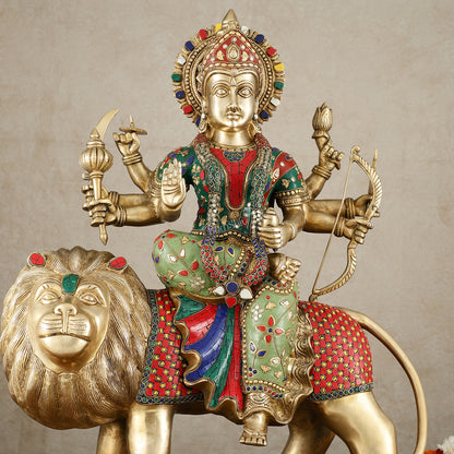 Brass Handcrafted Durga ma ambe Statue – 24 Inches, Meenakari Stonework