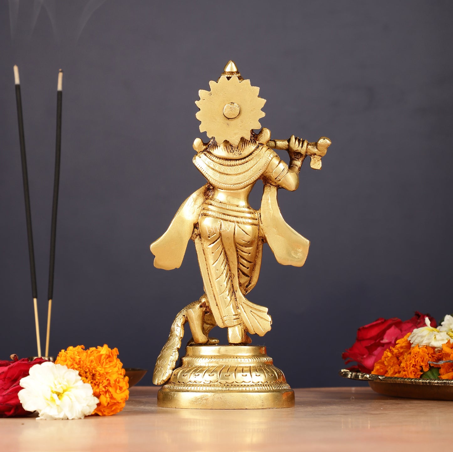 Pure Brass Lord Krishna with Peacock Idol 7"