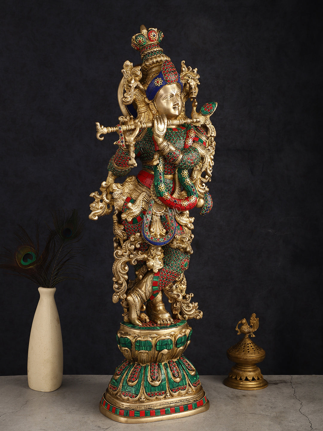 Brass Lord Krishna statue 30 inch multicolour