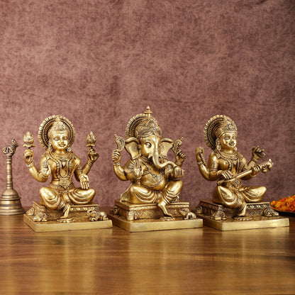 Pure Brass Ganesh Lakshmi Saraswati Statue Set | Divine Trio 12 Inches