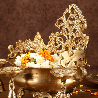 Pure Brass Intricate Urli with Diyas | Height: 11 inch