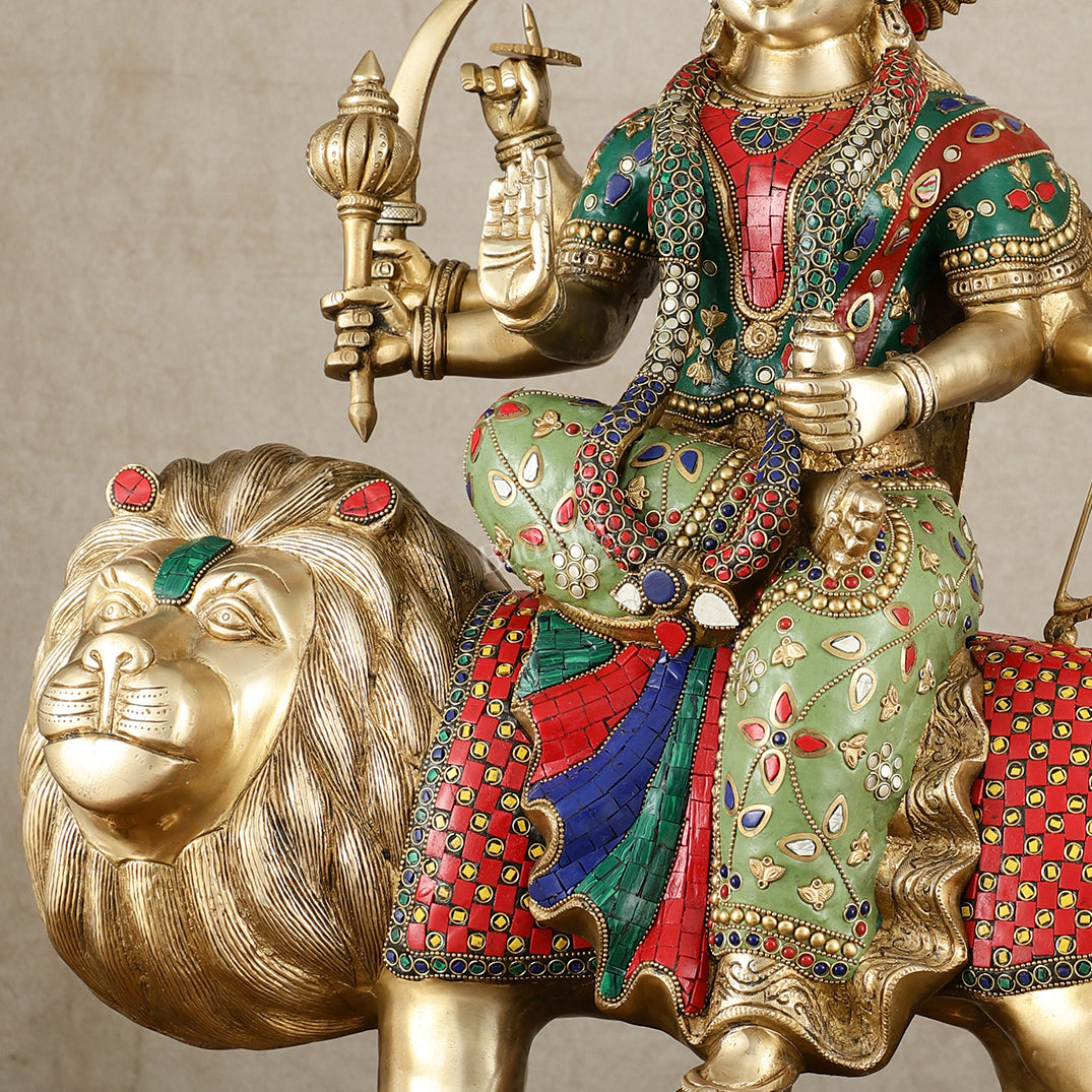 Brass Handcrafted Durga ma ambe Statue – 24 Inches, Meenakari Stonework