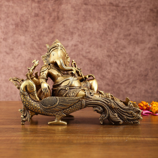 Exquisite Brass Lord Ganapathi Statue on Peacock Throne | 7.5-inch