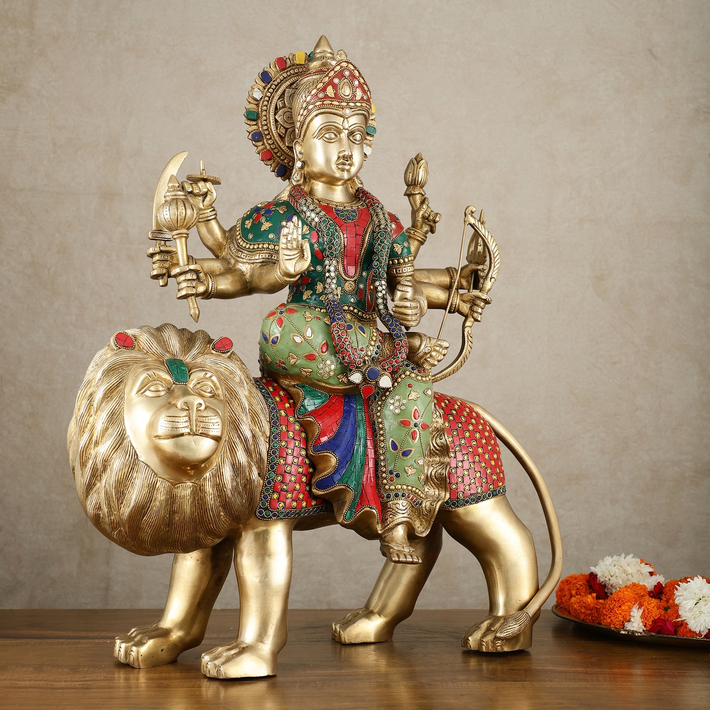 Brass Handcrafted Durga ma ambe Statue – 24 Inches, Meenakari Stonework