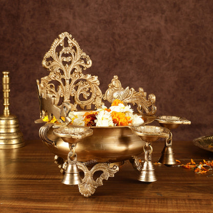 Pure Brass Intricate Urli with Diyas | Height: 11 inch