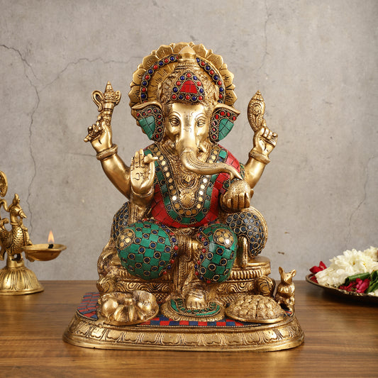 Ganapati Superfine Brass Idol with Spectacular Stonework - 13 Inch